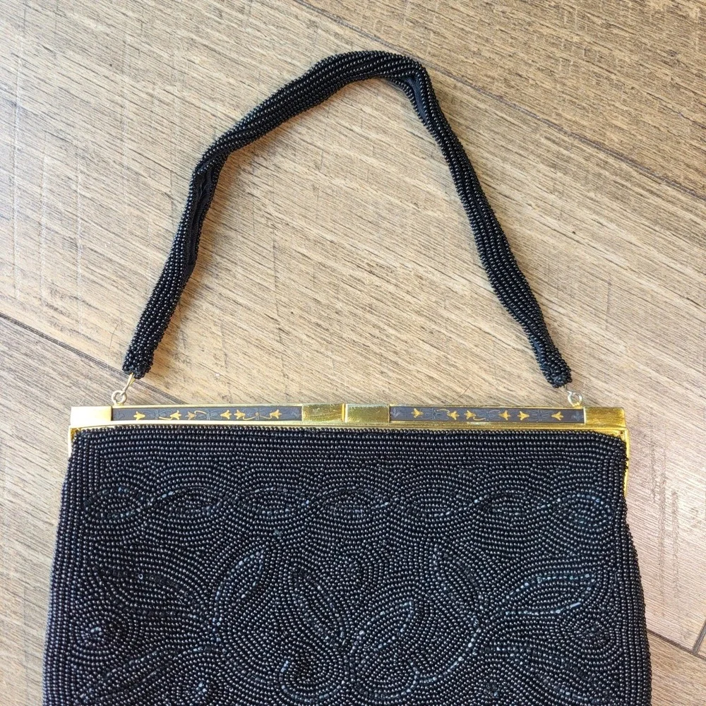 Walborg Vintage Black Bead Evening Bag Hand Made in Japan Gold Tone Frame Purse
